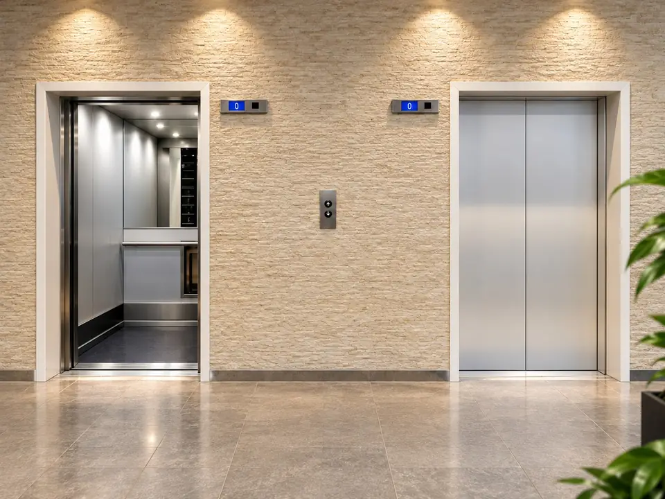 Twee liften naast elkaar in een entree met natuurstenen wand